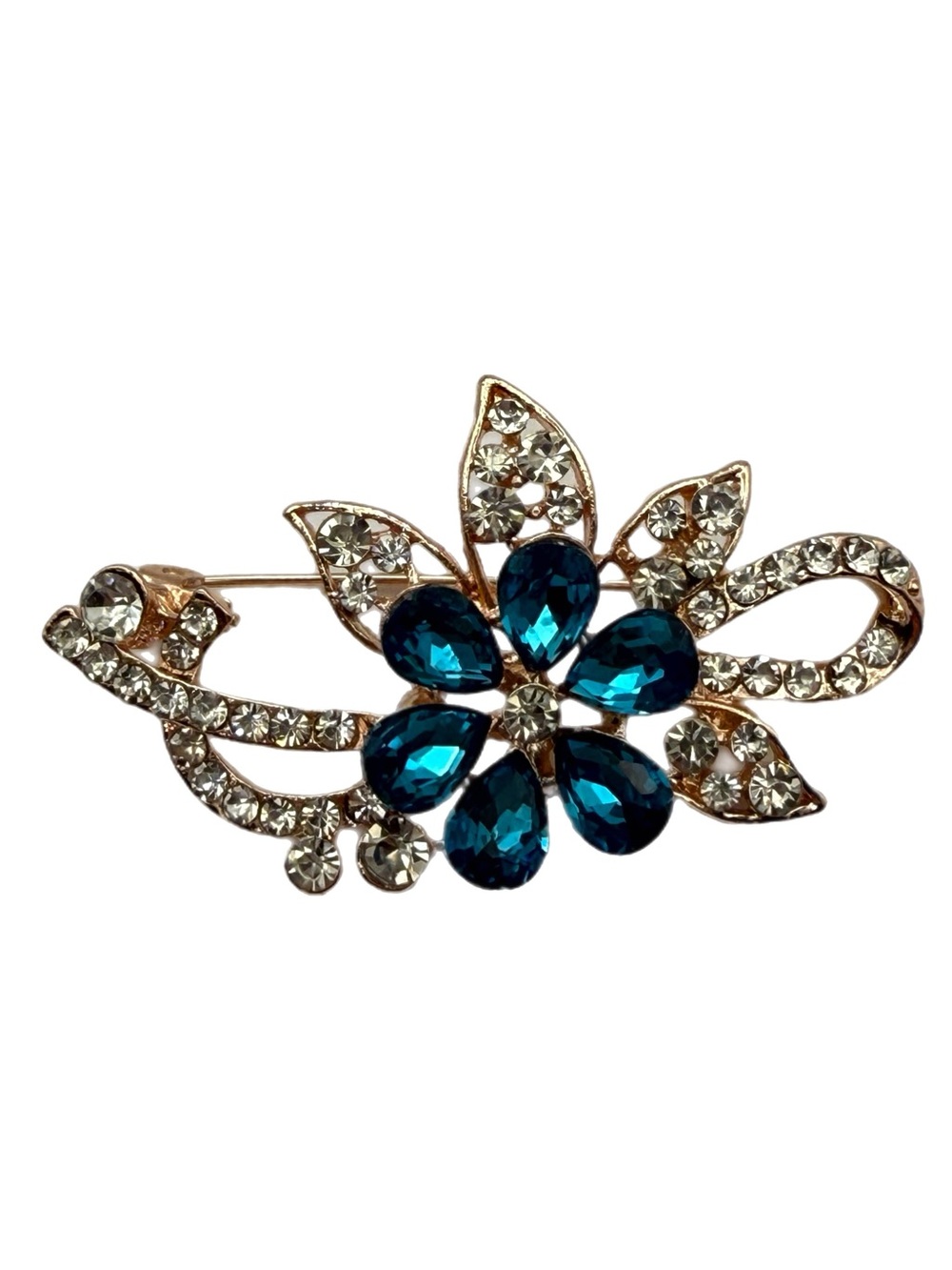 Source Unknown Teardrop Blue Floral Crystal Brooch Pin